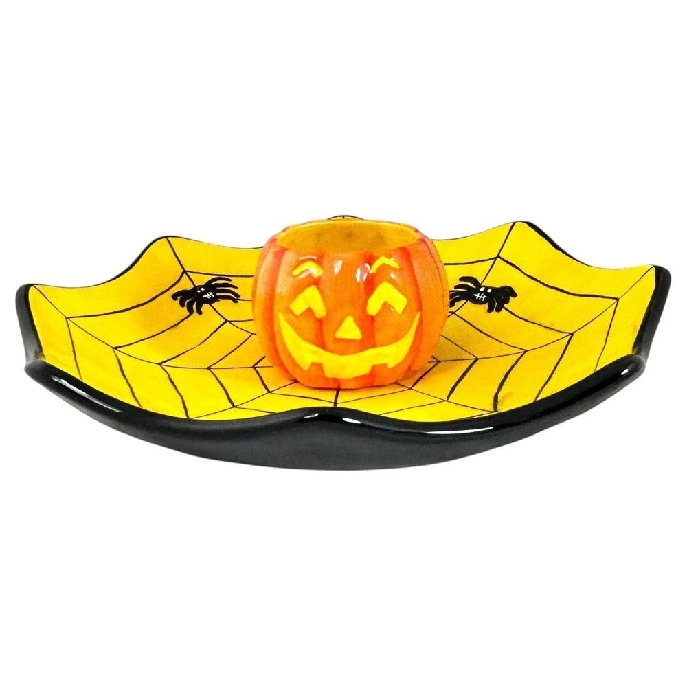 Dennis East Halloween Jack-o-Lantern Spiderweb Candy Dish‎ Chip & Dip Bowl 2005